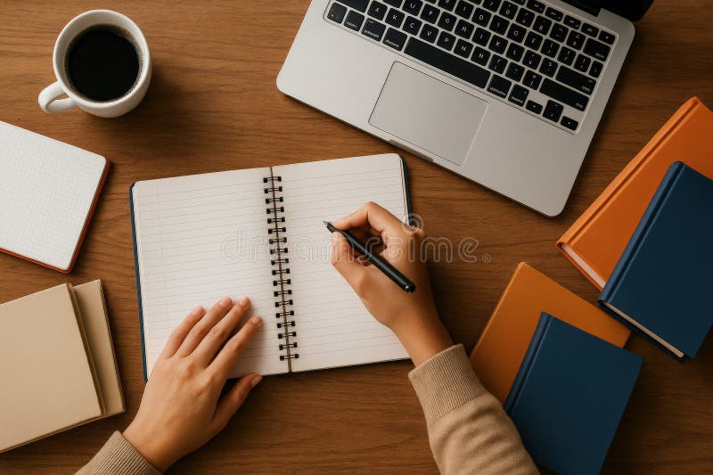 Student writing notes beside a laptop, books, and a notebook at a study desk